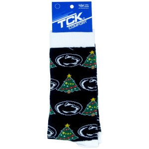 socks with repeating Penn State Athletic Logos and Christmas trees